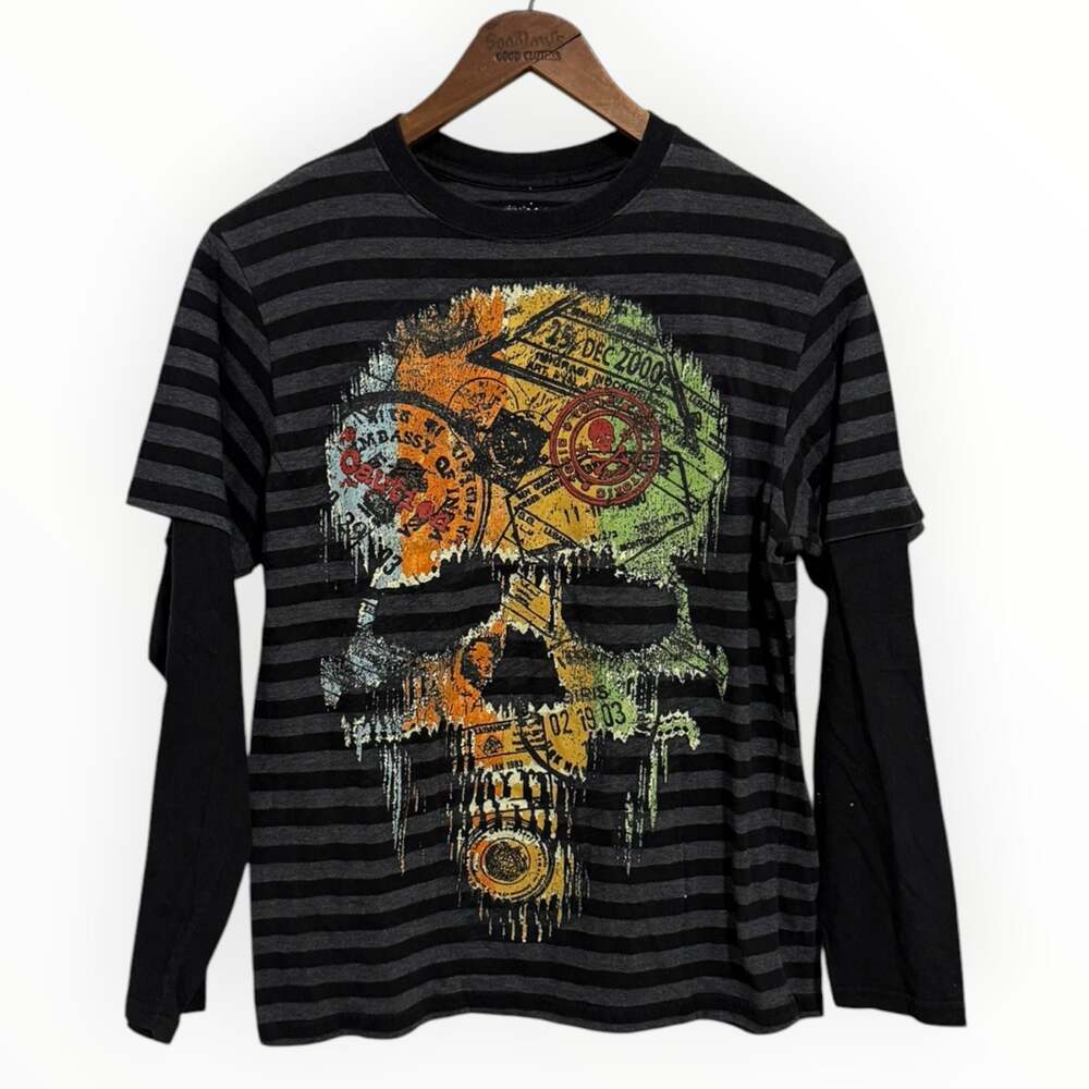 Flux Y2K Black and Gray Striped Long Sleeve Layered Skull Graphic T-Shirt Size X